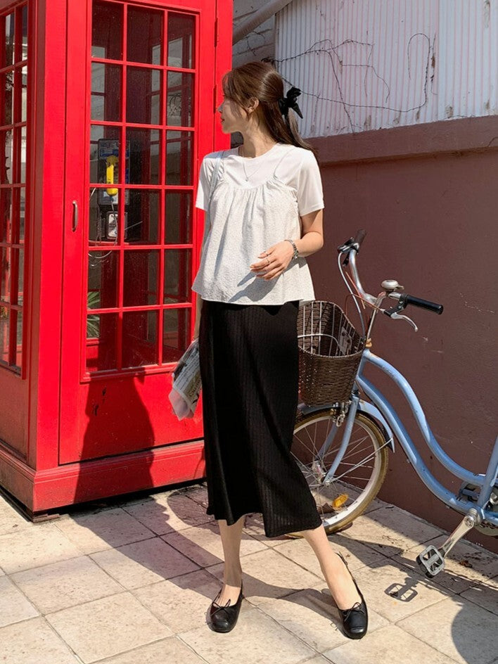 Vertical H-Line Black Slit Midi Skirt