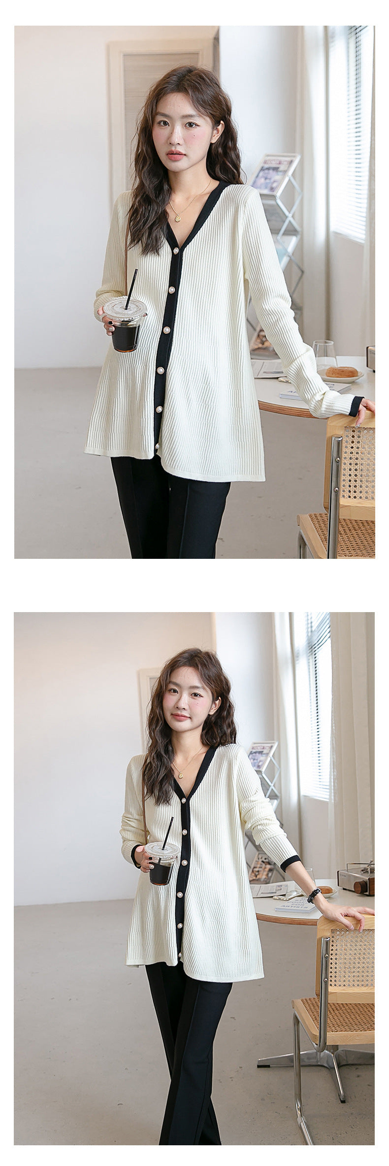 V-Neck Color Matching Ribbed Knit Coat
