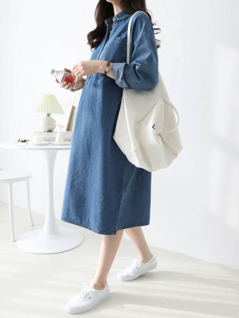 Lapel Oversized Long-Sleeved Denim Dress