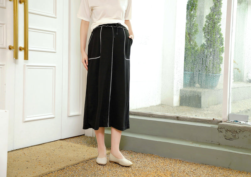 Drawstring Contrast-Stitch Skirt