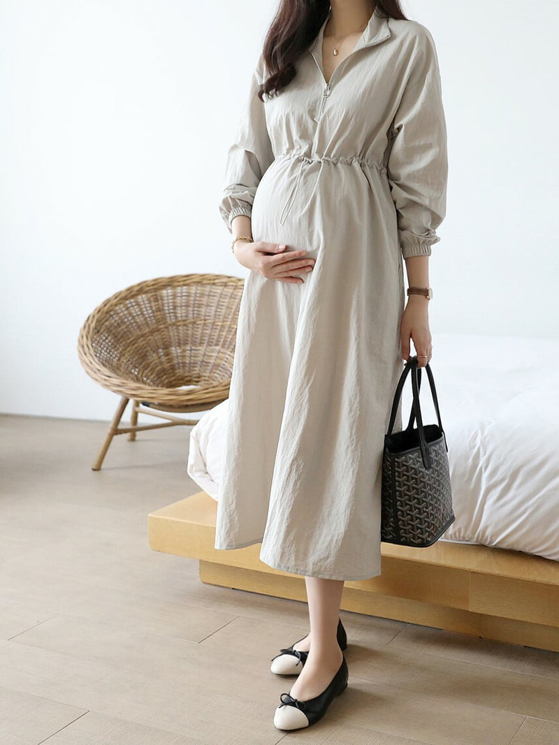 Simple Plain Color Drawstring Zip Up Dress