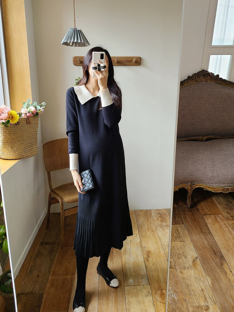 Color Block Lapel Pleated Hem Knitted Dress
