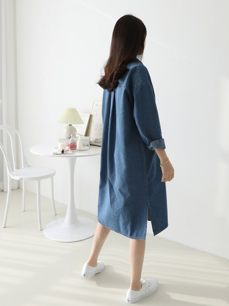 Lapel Oversized Long-Sleeved Denim Dress
