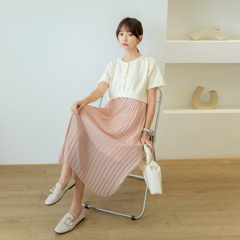Elegant Pleated Pearl Button Dress