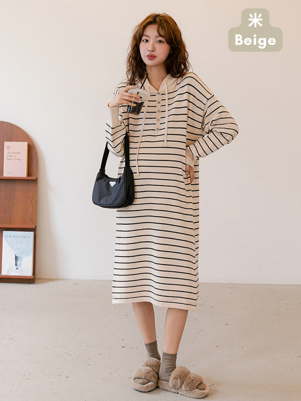 Hooded Knit Striped Midi Dress