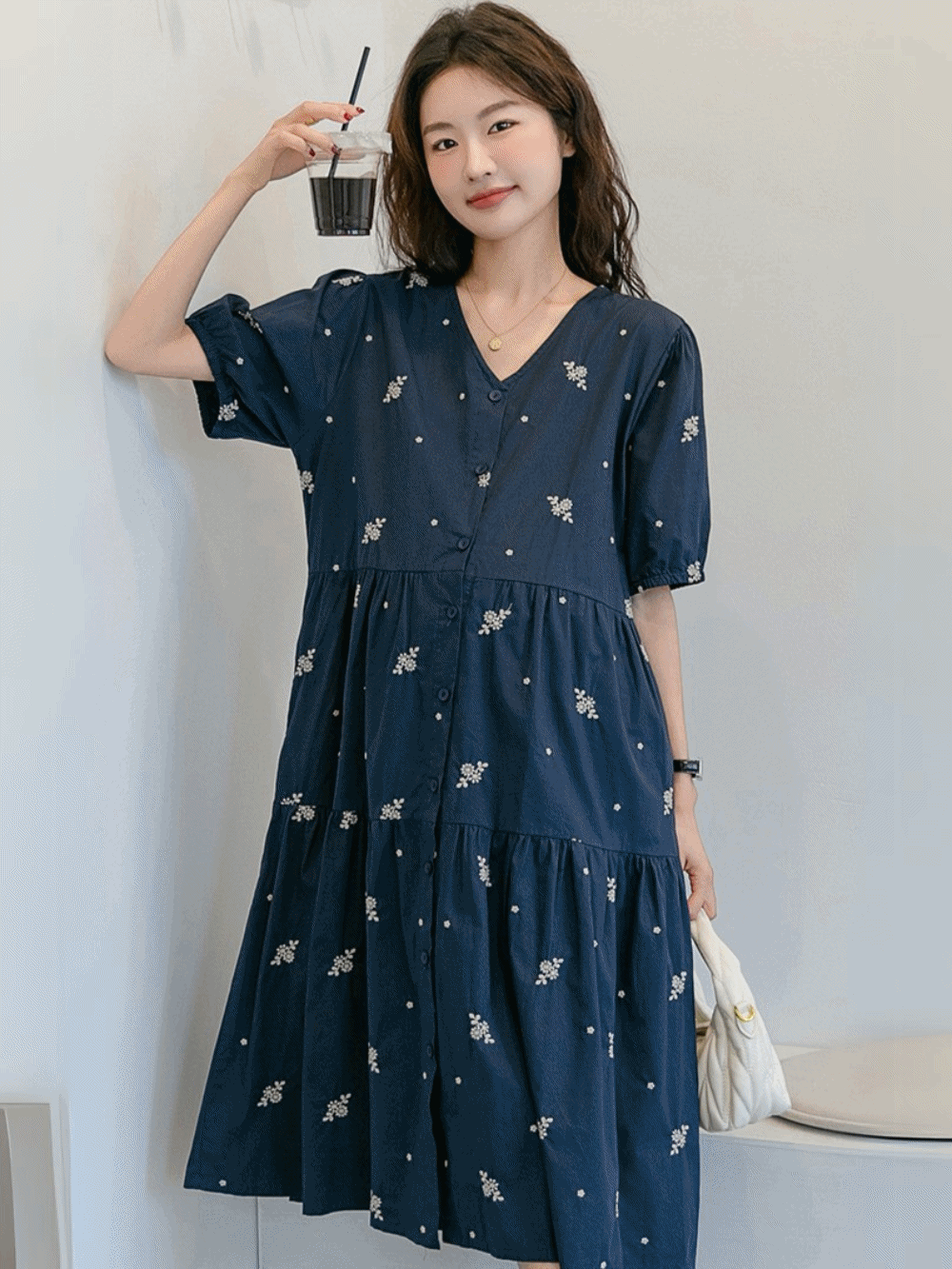 V-Neck Embroidered Layer Tiered Dress