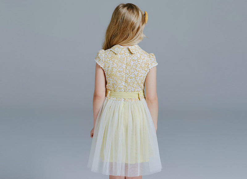 KDX1011 Yellow Flower Pearl Button Dress (Size:100-140)