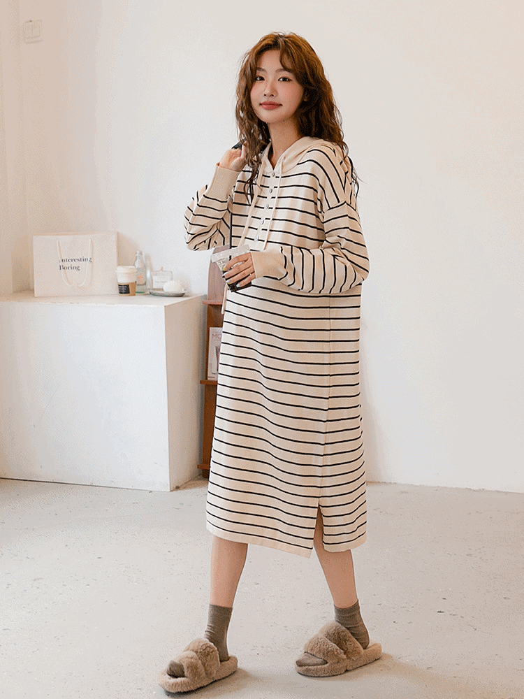 Hooded Knit Striped Midi Dress