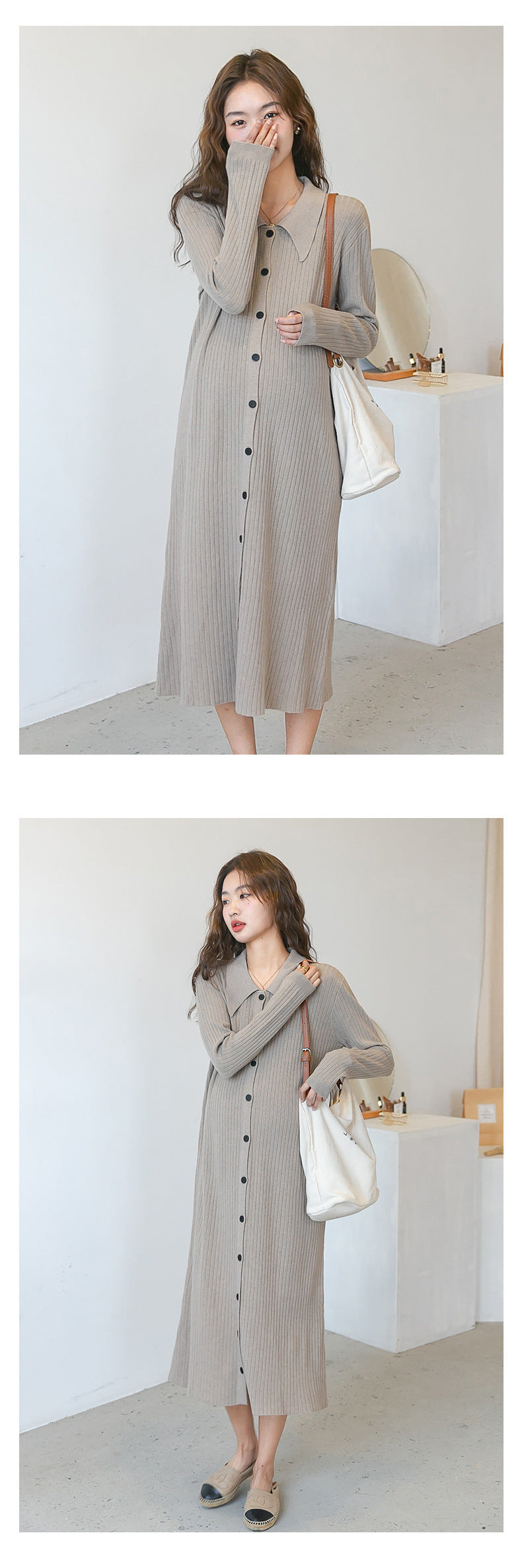 Lapel Ribbed Knit Dress