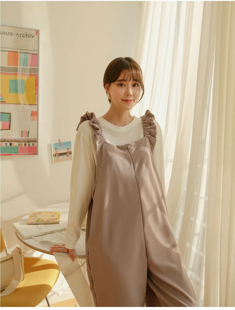 Frilled-Strap Wide-Leg Overall Pants