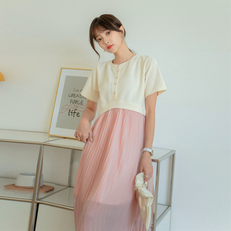 Elegant Pleated Pearl Button Dress