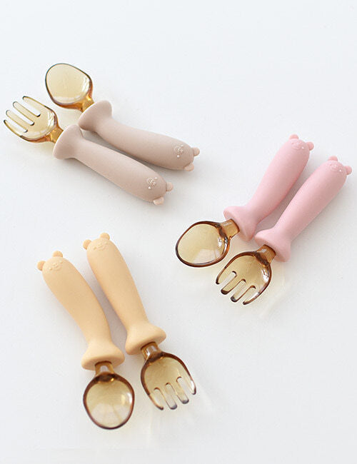 KRDY188 Korea Bellable Silicone Bendable Self- Directing Toddler Spoon & Fork Set with Case
