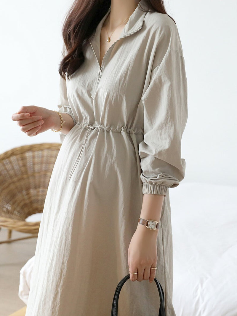 Simple Plain Color Drawstring Zip Up Dress