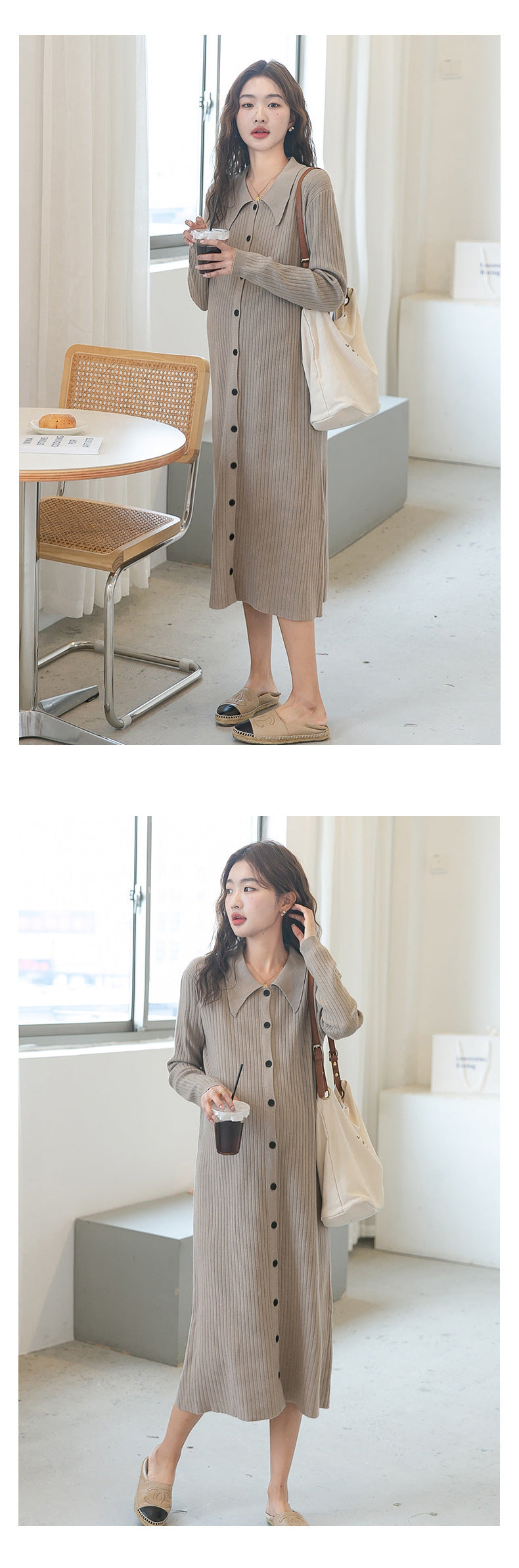 Lapel Ribbed Knit Dress