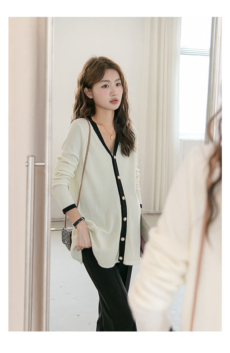 V-Neck Color Matching Ribbed Knit Coat