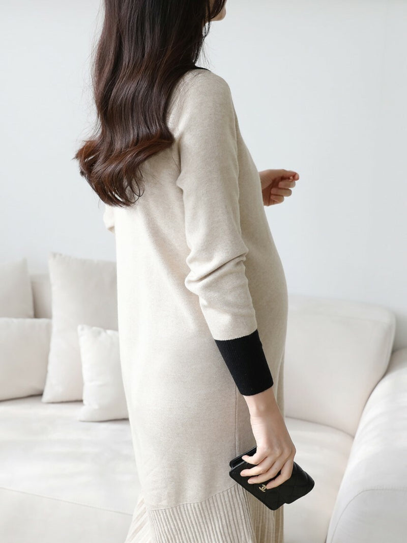 Color Block Lapel Pleated Hem Knitted Dress