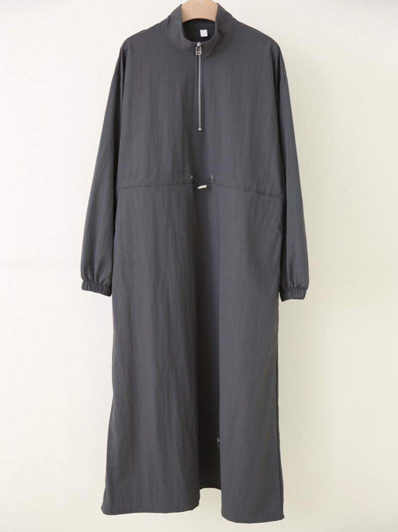 Simple Plain Color Drawstring Zip Up Dress