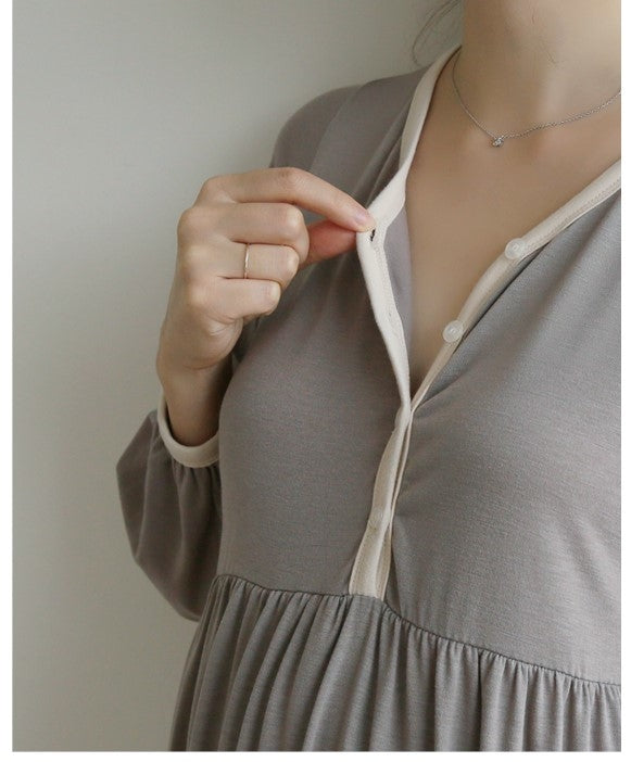 柔棉配色鈕扣哺乳長裙
