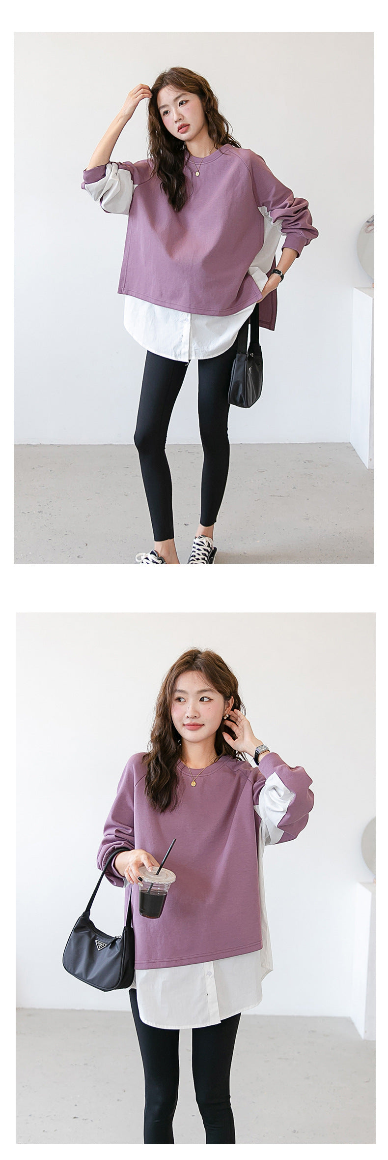 Layered-Look Loose Shoulder Slope Drop Sweatshirt