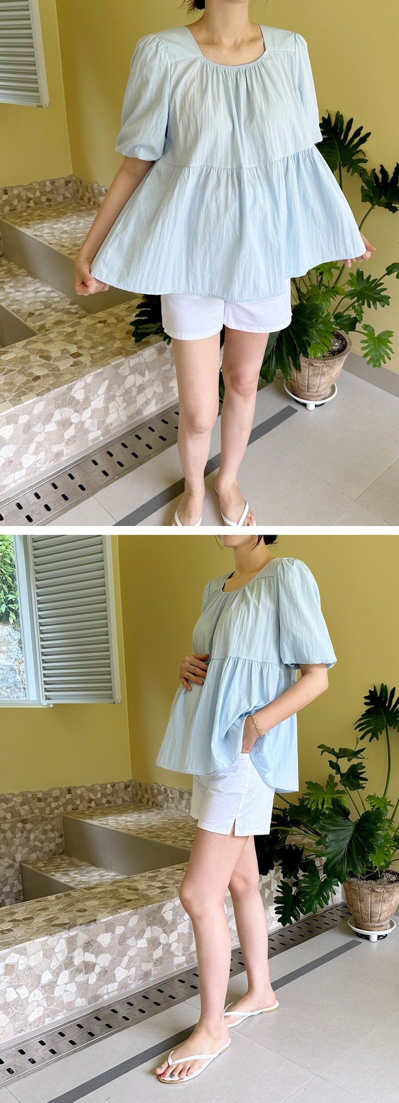 Chiffon Ruched Flared Puff Top