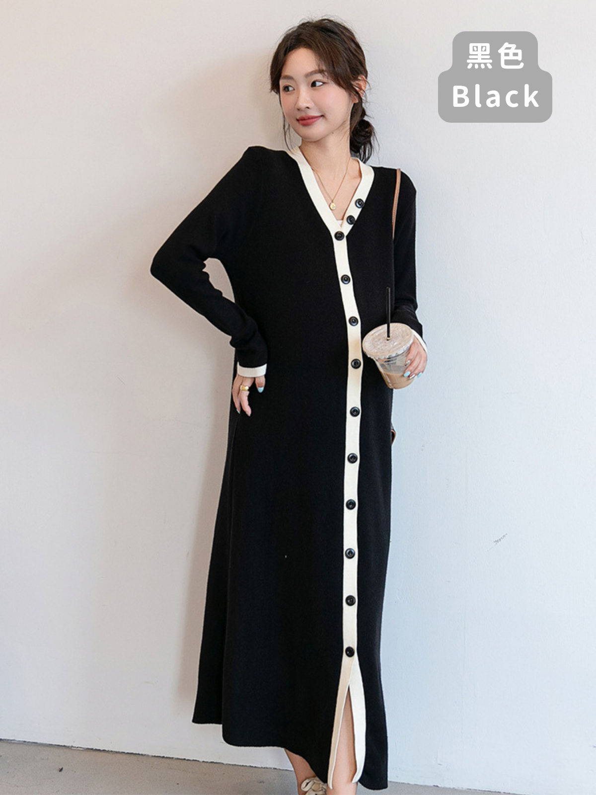 Knitted V Neck Color Button Dress