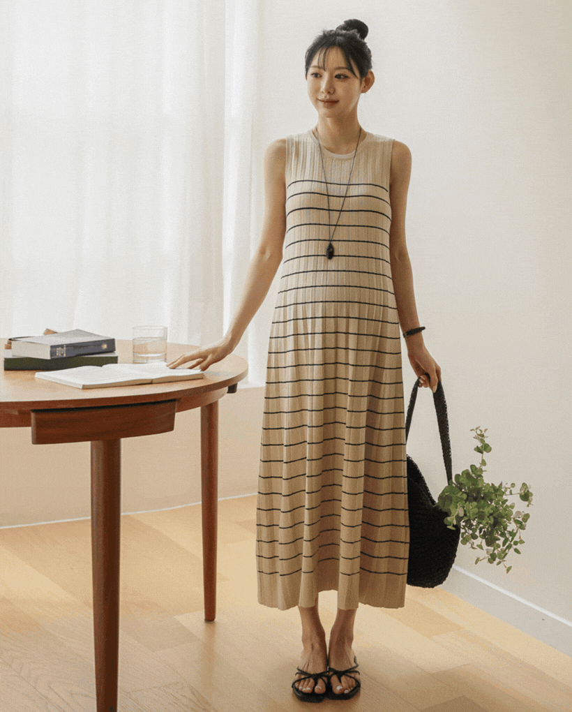 Striped Sleeveless Pleated Knit Dress