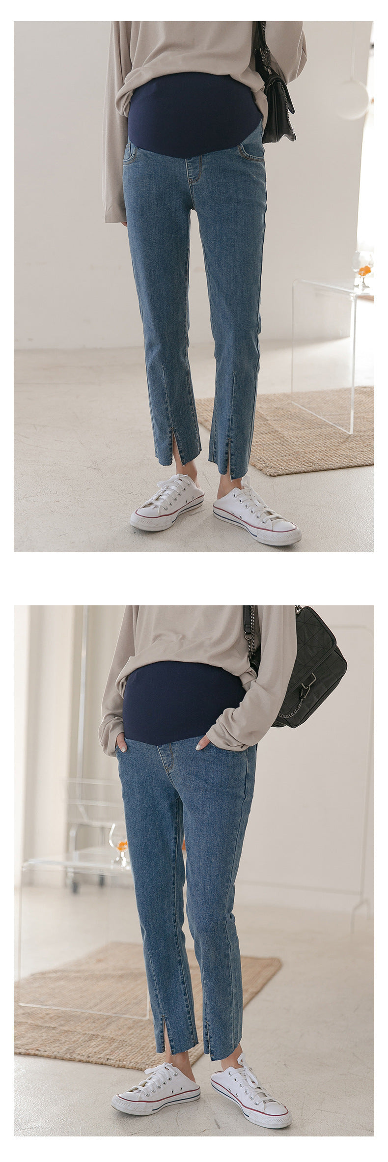 Split Hem Denim Jeans with Adjustable Waistband