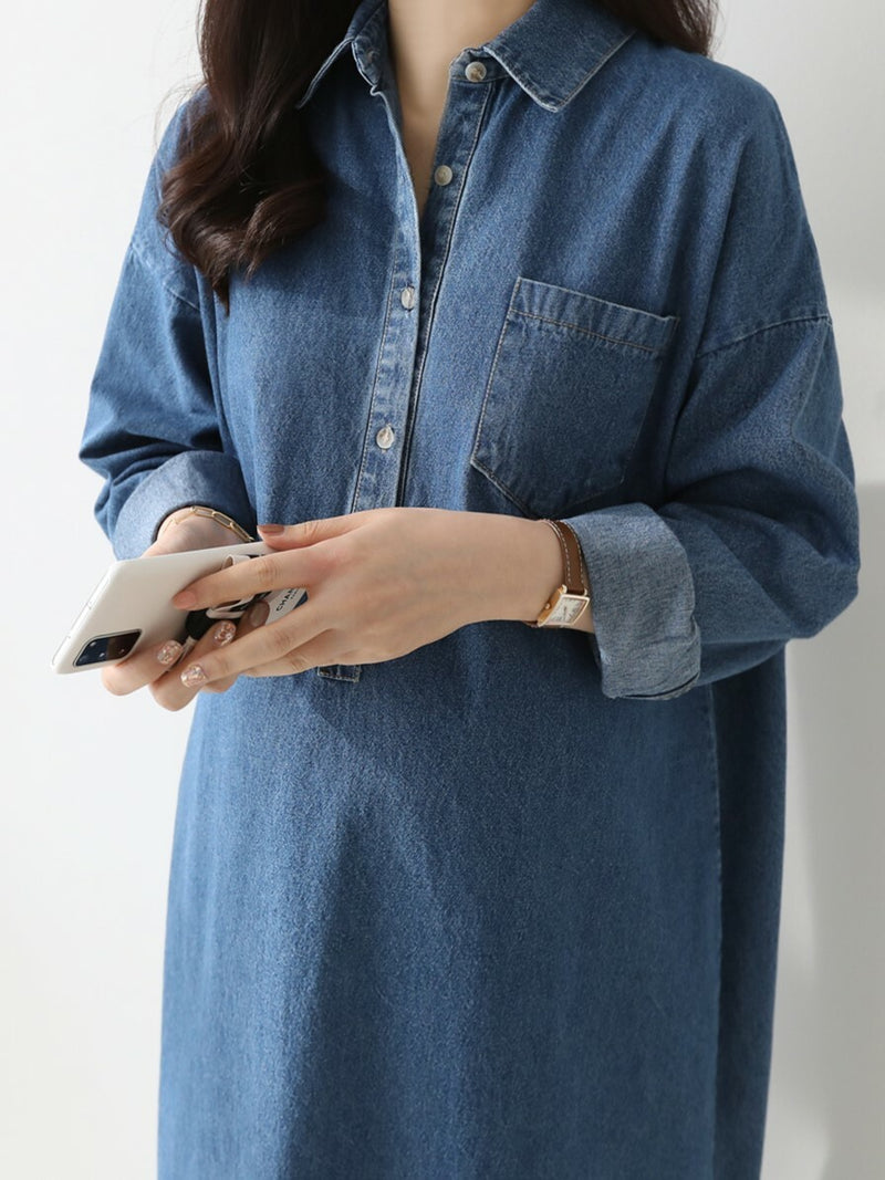 Lapel Oversized Long-Sleeved Denim Dress