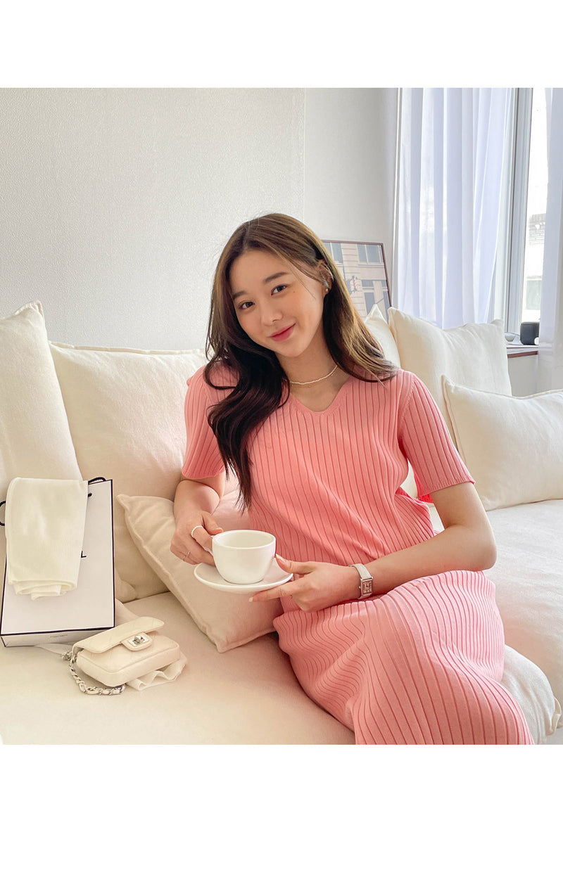 V Neck Ribbed Cooling Knit Dress