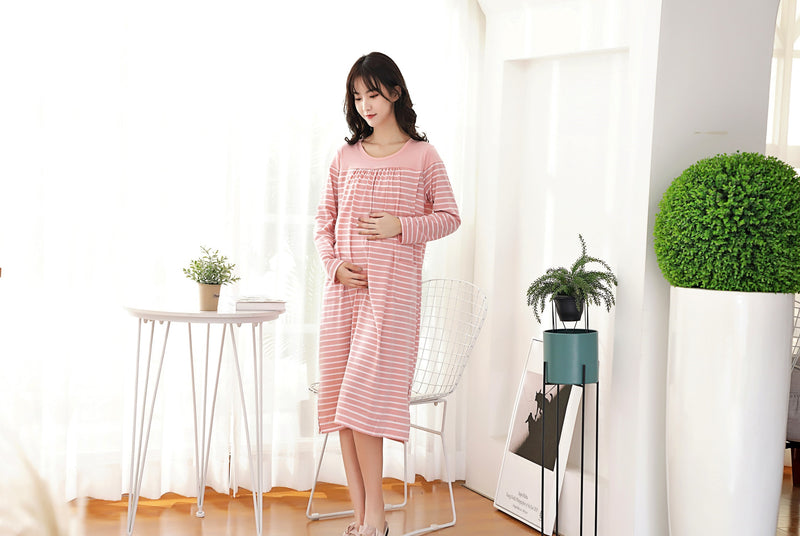 Japanese-Style Striped Nursing Long Dress