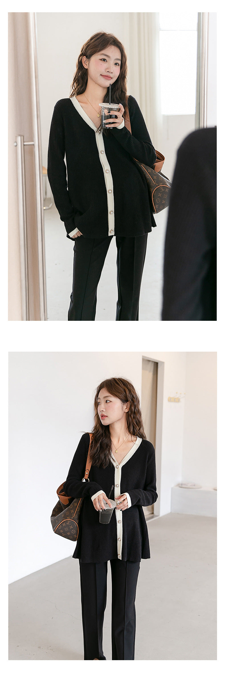 V-Neck Color Matching Ribbed Knit Coat