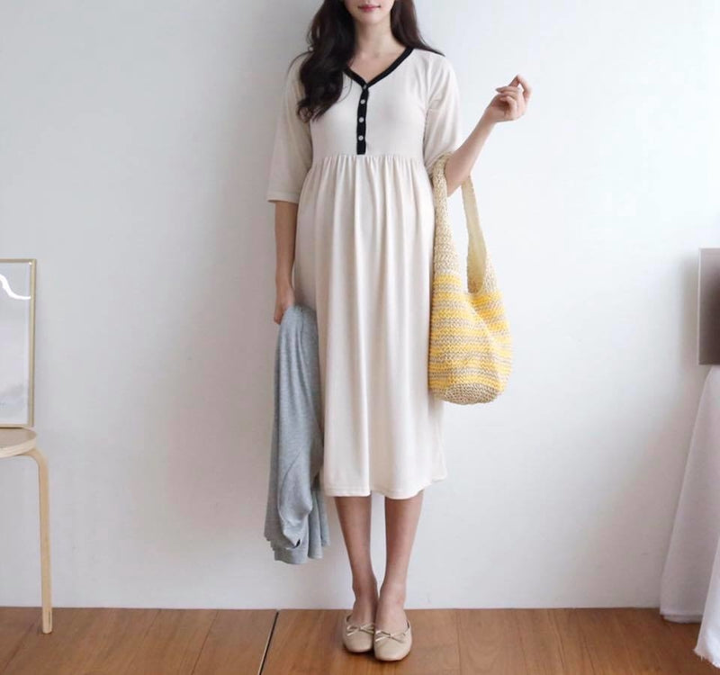 Soft Cotton Color Matching Buttoned Nursing Dress