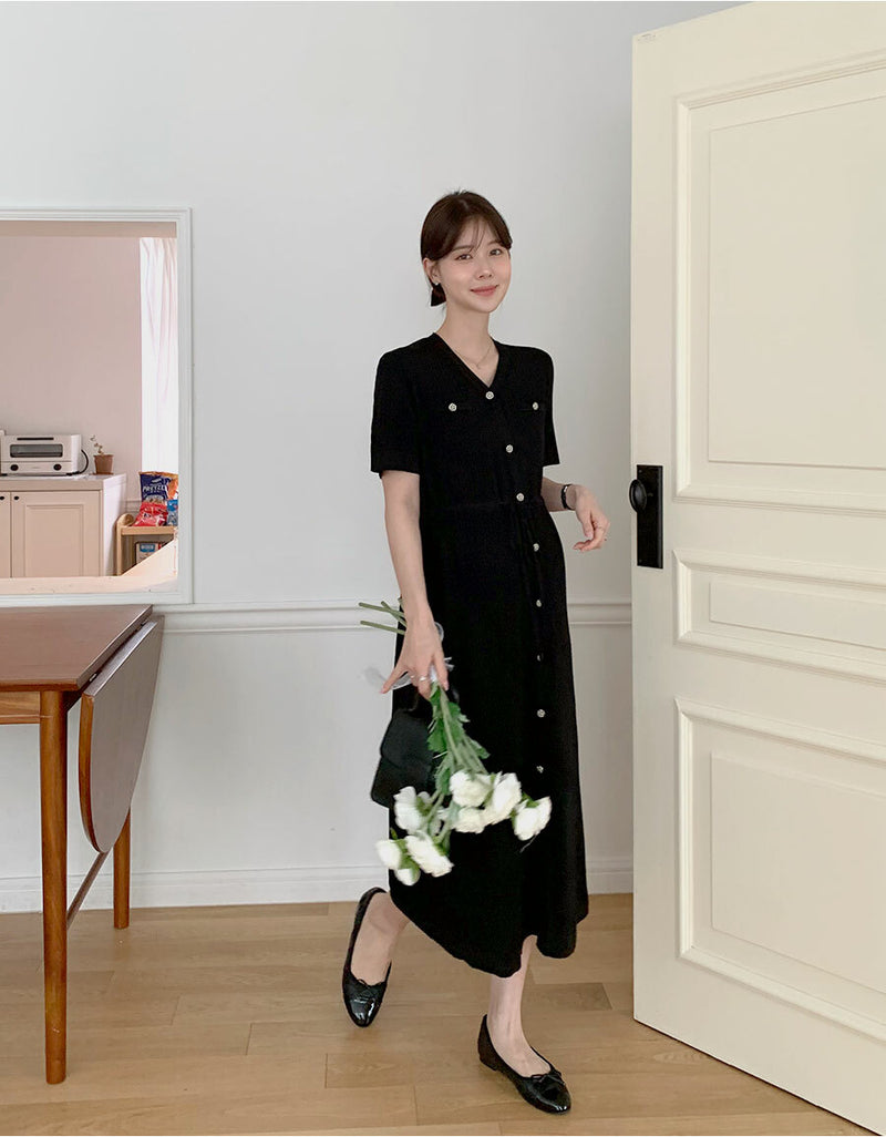 Ribbed V Neck Drawstring Dress
