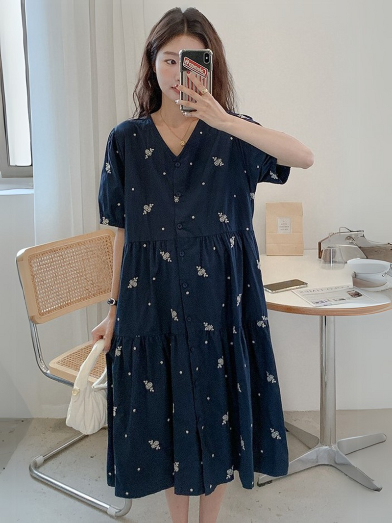 V-Neck Embroidered Layer Tiered Dress