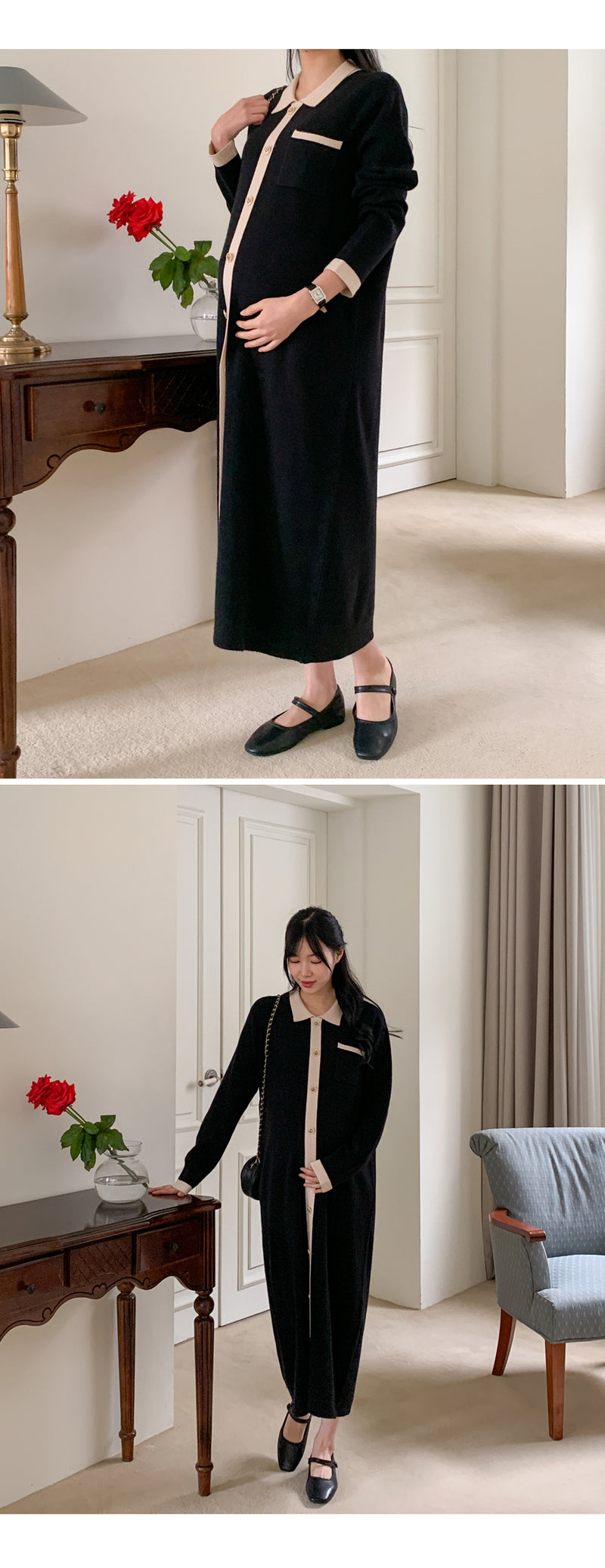 小翻領氣質配色針織連身裙