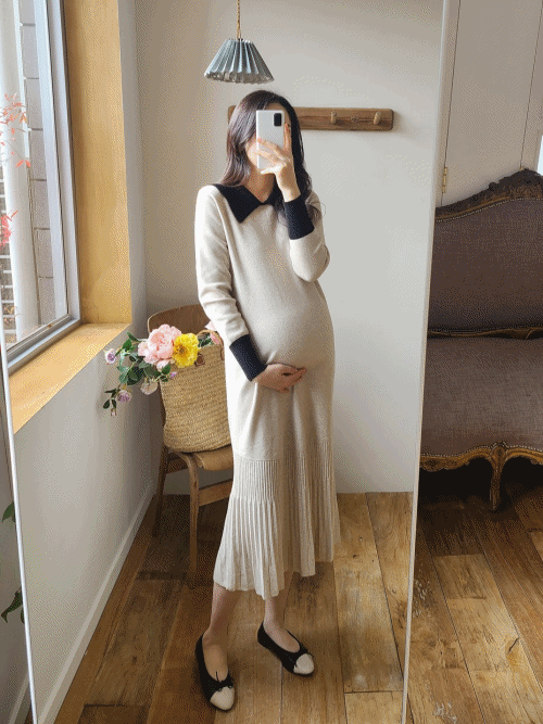 Color Block Lapel Pleated Hem Knitted Dress