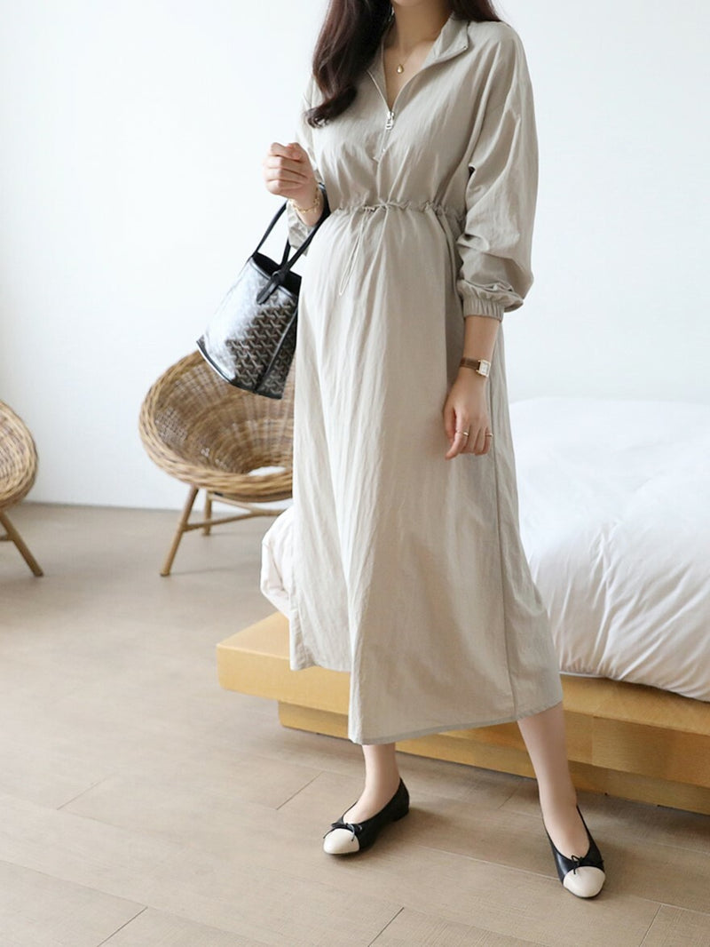 Simple Plain Color Drawstring Zip Up Dress