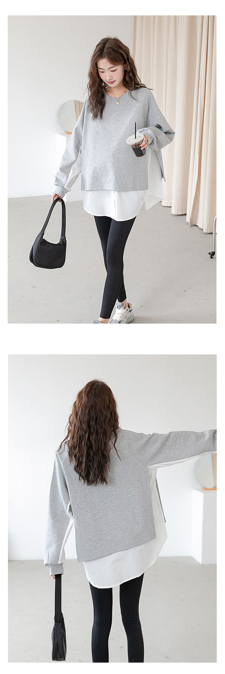 Layered-Look Loose Shoulder Slope Drop Sweatshirt