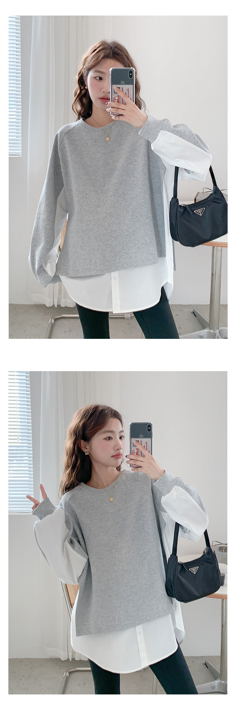 Layered-Look Loose Shoulder Slope Drop Sweatshirt