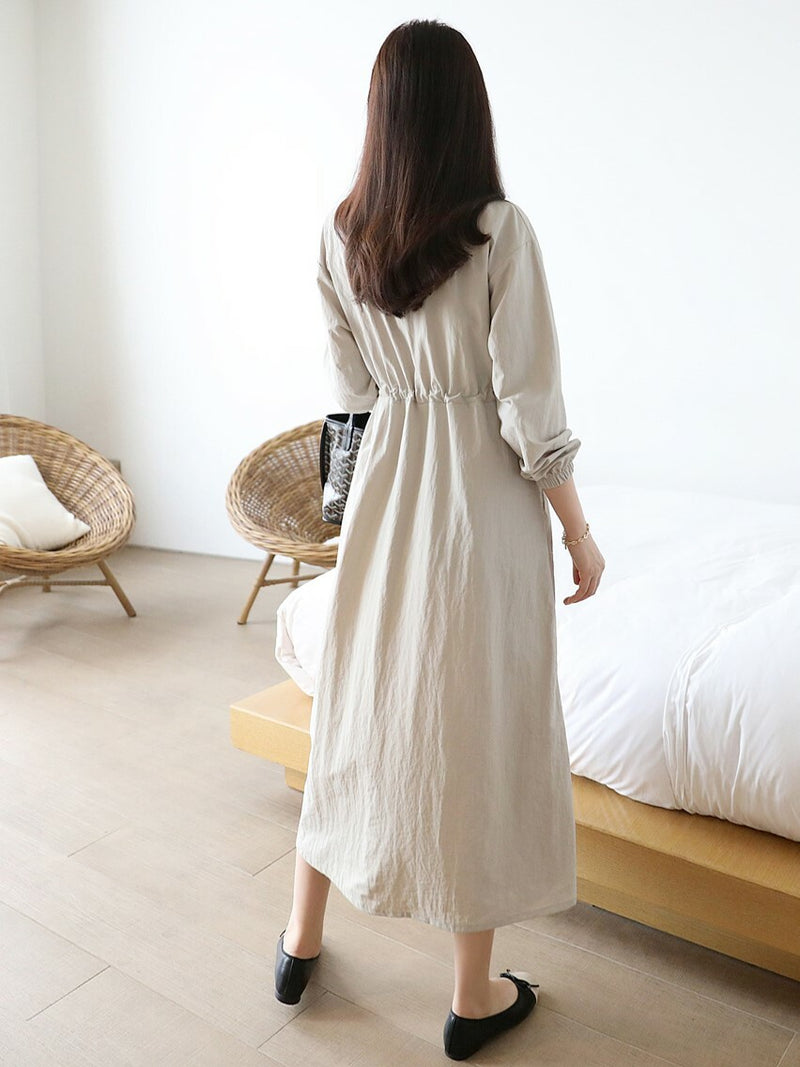 Simple Plain Color Drawstring Zip Up Dress