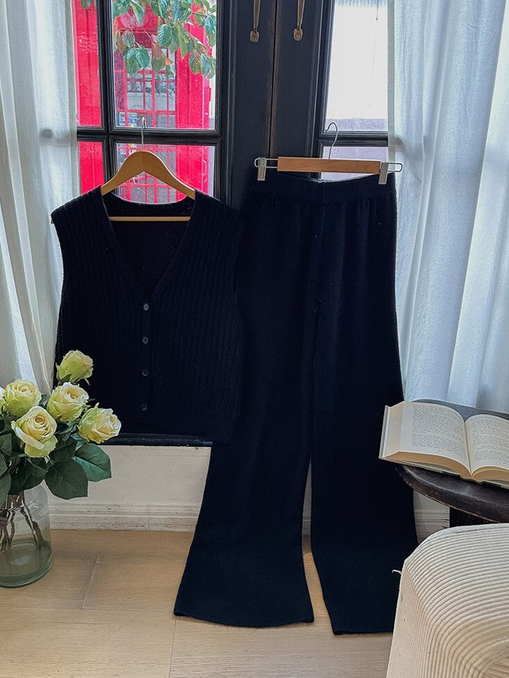 Wide Length Knit Vest & Pants Set