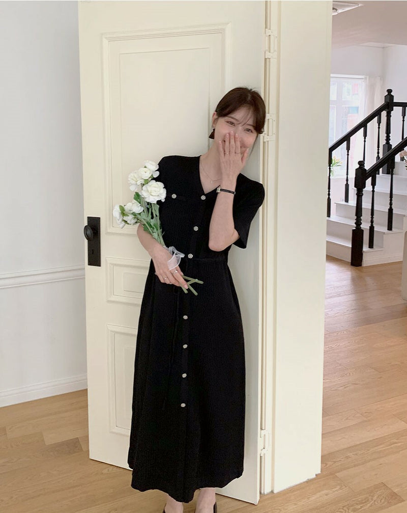 Ribbed V Neck Drawstring Dress