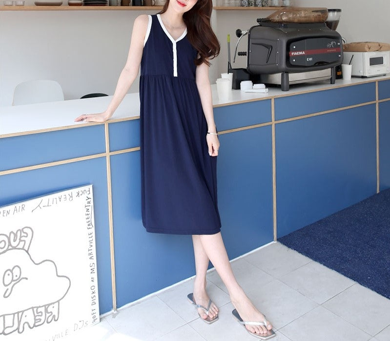 柔棉配色鈕扣哺乳背心裙
