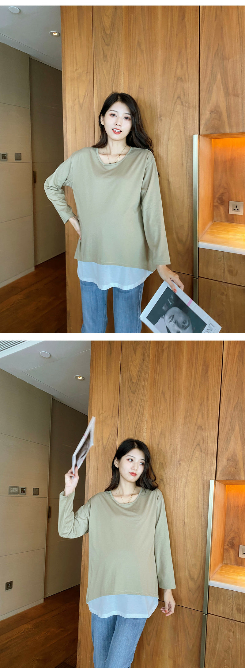 棉質百搭配色長袖哺乳上衣