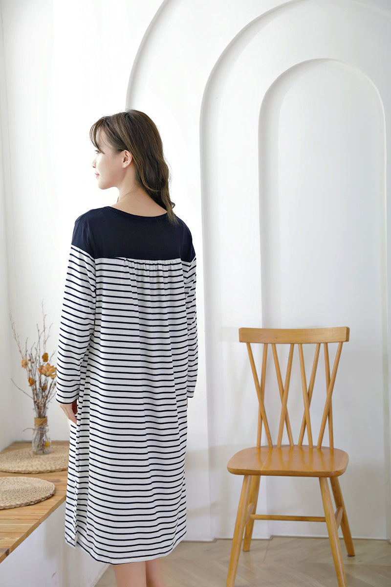 Japanese-Style Striped Nursing Long Dress