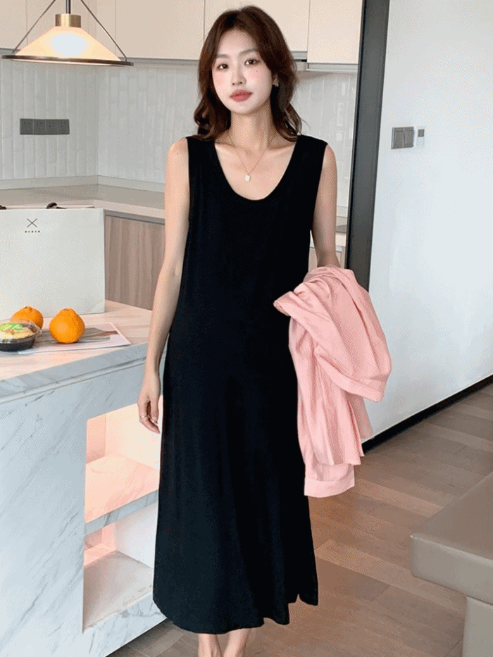 Solid Color Stretch Cotton Ribbed Tank Top Dress