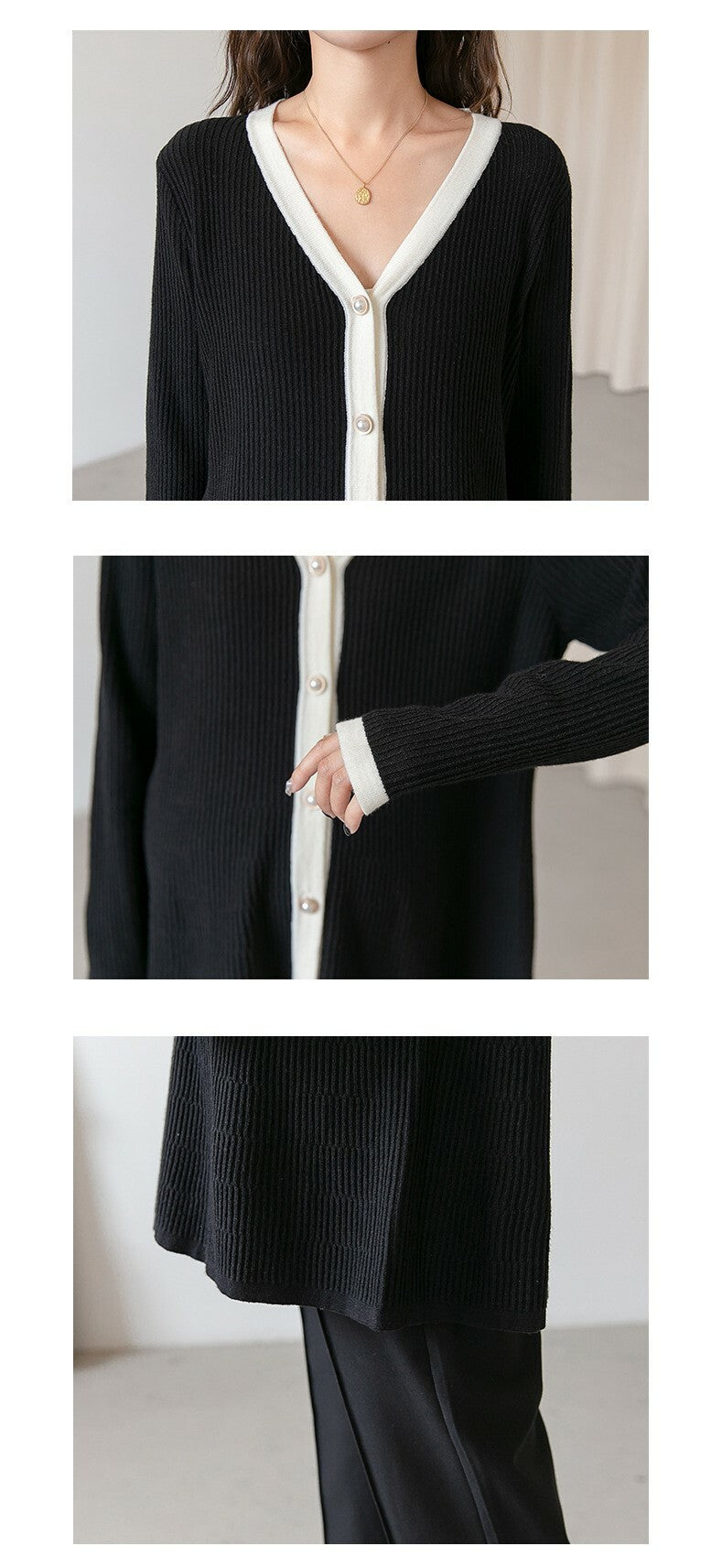 V-Neck Color Matching Ribbed Knit Coat