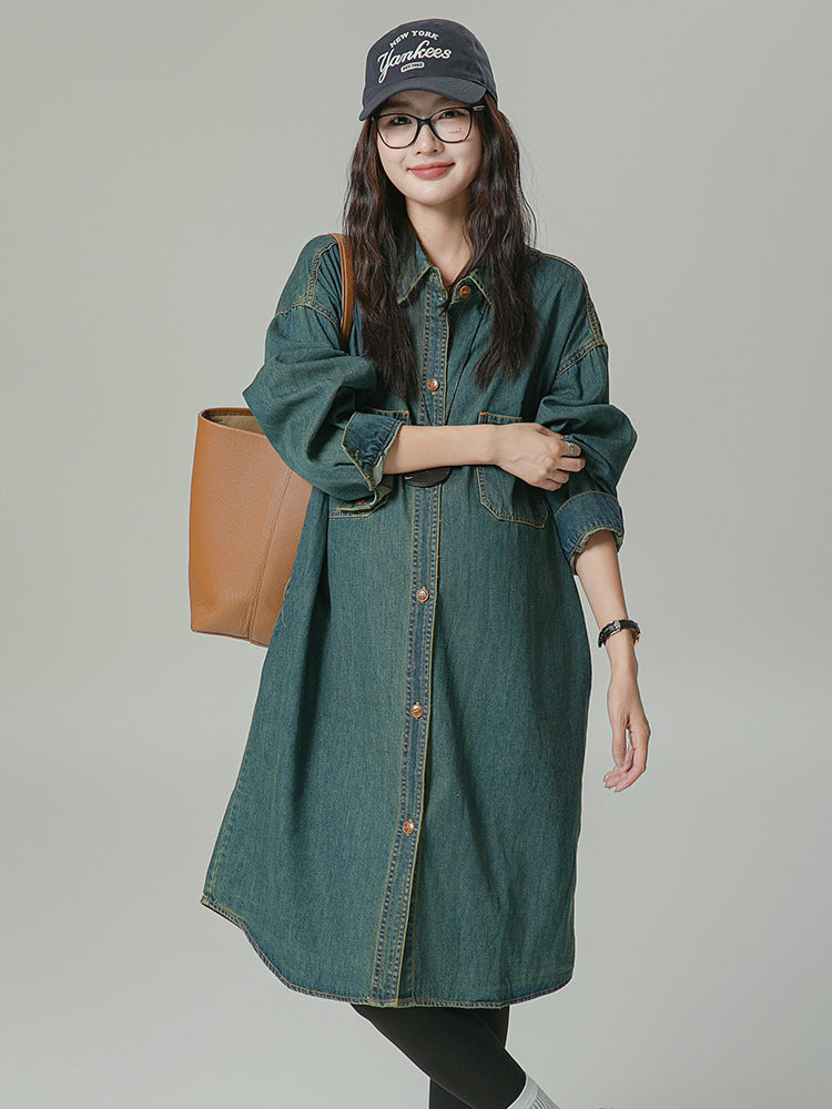 Lapel Oversized Long-Sleeved Denim Dress