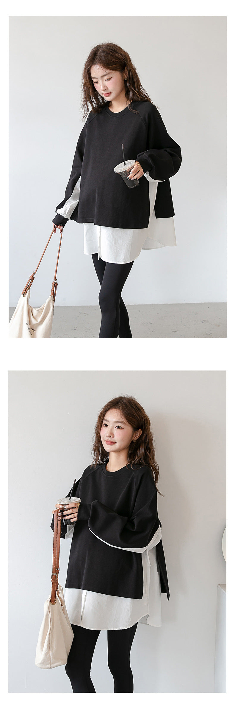 Layered-Look Loose Shoulder Slope Drop Sweatshirt