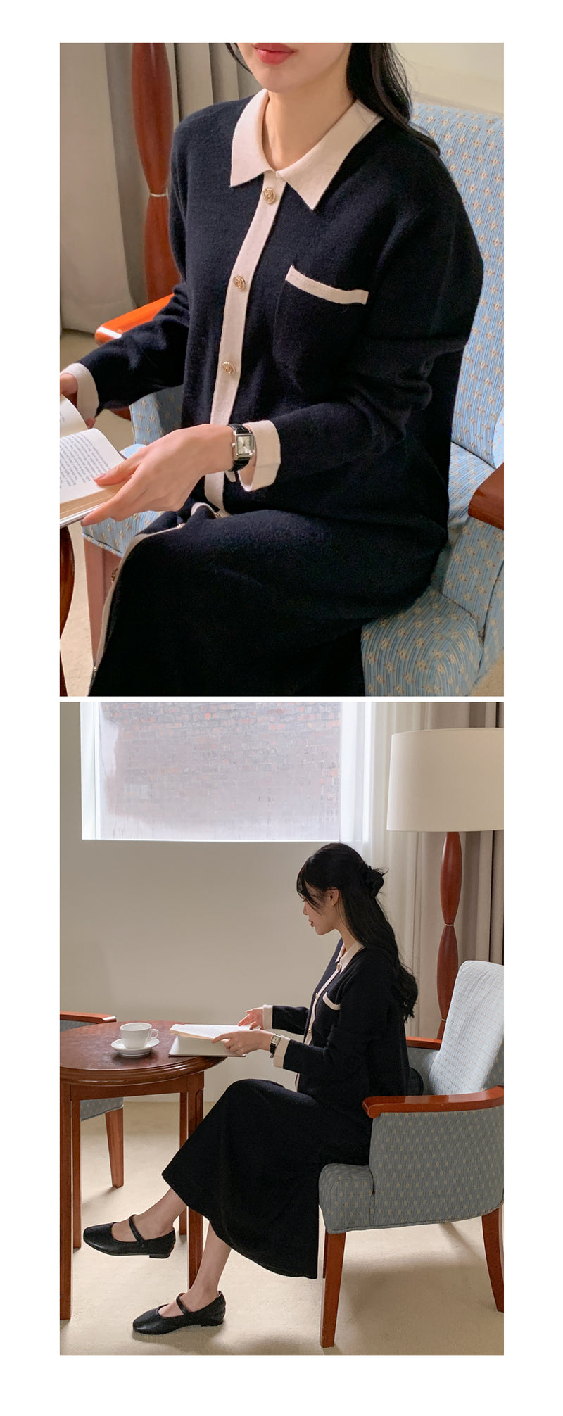 小翻領氣質配色針織連身裙